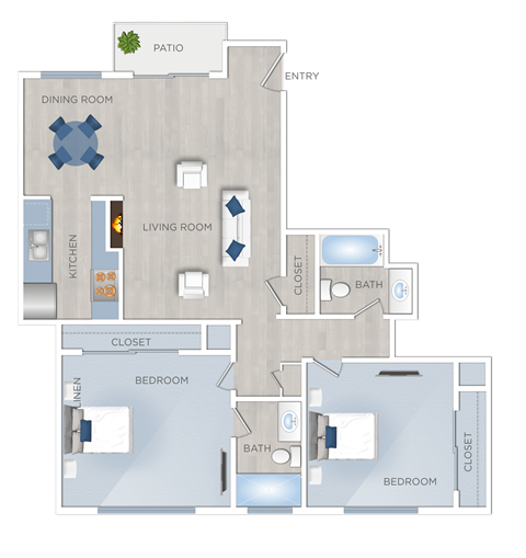 Floor plan for 2 beds, 2 baths